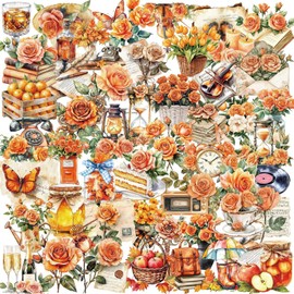 50 Pcs Vintage Orange Rose Floral Aesthetic Stickers for Scrapbooking, Transparent Stickers Clear PET Decals Supplies Journal Stuffers for Adult Card Making Letters DIY (Orange)