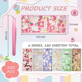 120 Sheets Decorative Stickers Set, 6 Styles (Food, Pets, Farm, Cats, Spring, Party), Waterproof PET Shiny Stickers with Pink Clip, for Scrapbooking, Journals, Laptop, Phone - Fun DIY