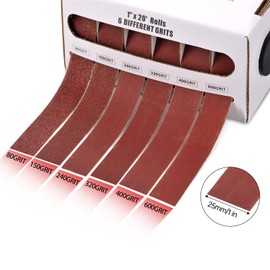Mipepe Emery Cloth Roll, 6 Grits 1'' x 20' Sandpaper Roll with Dispenser, 80 150 240 320 400 600 Grits Abrasive Sand Paper Assortment Pack, Sanding Sheets for Wood Furniture, Metal, Automotive, Red