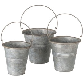 WHW Whole House Worlds Farmhouse Metal Planter or Flower Pots, 3 Piece Set, Galvanized Zinc, Bucket with Handle, Country Style, 6 Inches Nesting, Corrugated Details