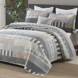 CozyQQ Farmhouse King Quilt Set - 100% Cotton Patchwork Striped Plaid King Size Quilt Bedspread, Grey Brown Beige Lightweight Reversible Coverlet Bedding Set with 2 Pillow Shams, All Season-98x90