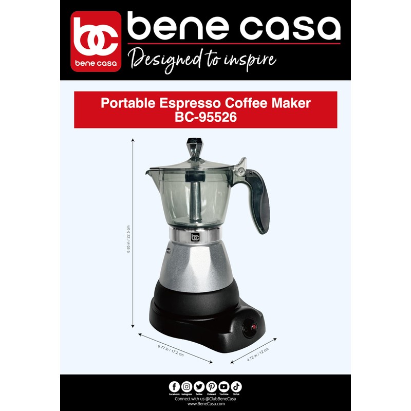 Bene Casa Silver Portable Electric Espresso Maker/Cafetera, 1-3 Cups/Shots (1,