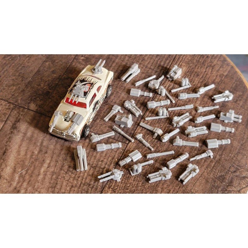 Gaslands Tiny Weapons Pack 40 items Silver 3d printed. 19
