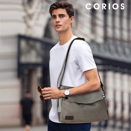 CORIOS Men's Shoulder Bag Canvas Crossbody Bag Casual Messenger Bag Laptop Bag for 13.3 inch Laptop Briefcase Satchel College Bag for Travel Work School Commute Grey