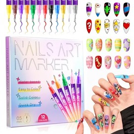 Juego de 12 Rotuladores para Nail Art : Rotuladores de Esmalte para Nail Art 3D, Pincel Delineador para Dibujar y Pintar, Herramienta de Belleza para 