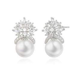 Elaximn Cubic Zirconia Crown Pearl Drop Earrings for Women - Elegant Bridal Wedding Prom Statement Jewelry with 10MM Faux Pearl & Sparkling CZ Stones, 925 Sterling Silver Post