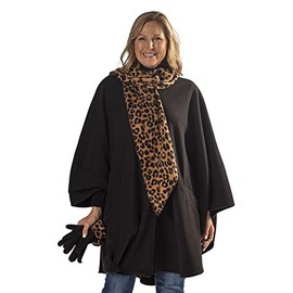 Le Moda Women’s Wrap with Integrated Pleated Scarf with Gloves| Autumn Collection | One Size Fits All (One Size, Black/Leopard)