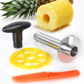 Cook Guy Round Handle Pineapple Corer and Slicer Set - Includes Reinforced Stainless Steel Cutter, Plastic Divider, and Fruit Knife - Easy Core Removal and Cutting Tool
