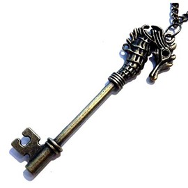 Bronze Steampunk Sea Horse Skeleton Key Pendant on Chain Necklace Hippocampus Victorian-Inspired