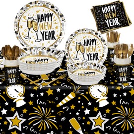KatchOn, 176 Pieces New Years Eve Dinnerware Set - 25 Guest | Happy New Year Plates and Napkins Set | Happy New Year Tablecloth for Happy New Years Decorations 2024 | New Years Eve Party Supplies 2024