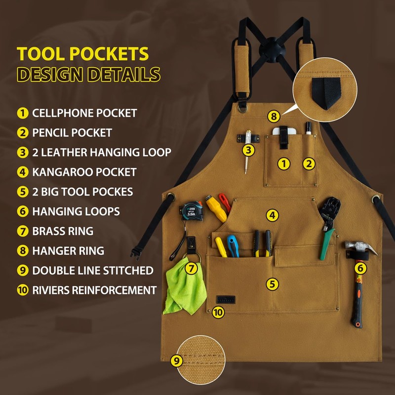 ROTANET Woodworking Apron for Men, Canvas Work Aprons Waterproof Heavy