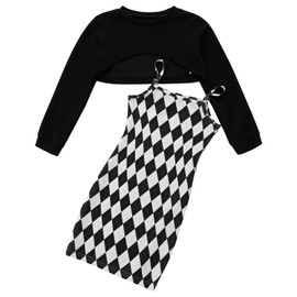 Naiyafly Girl's 2 Piece Outfits Kids Long Sleeve Crop Top and Cami Dress Set Teen Girls Pullover Sweatshirt + Butterfly / Plaid Print Bodycon Dress Clothes Christmas Party Casual Costumes