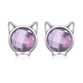 USEEDOVIA Sterling Silver Stud Earrings for Women Girls, Hypoallergenic Silver Cute Cat Face Stud Earrings with Purple Cubic Zriconia Jewelry Gifts for Birthday Wedding