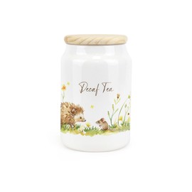 Purely Home Hedgehog & Mouse Ceramic Decaf Tea Storage Canister - Woodland Wildlife & Scenery Artwork Kitchen Food Storage Container & Wooden Lid 600ml (14.5cm x 9.5cm)