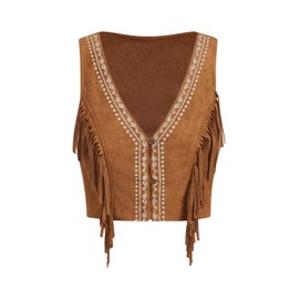 SweatyRocks Women's Fringe Sleeveless Vest Floral Embroidered 70s Hippie Crop Jacket Cardigan Brown Large