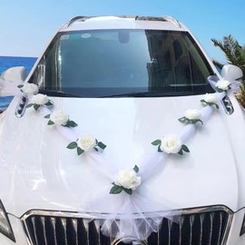 Chexin Car Decoration Wedding White Wedding Car Decoration Set, Car Wedding Garland, Flower Decoration Car Wedding, DIY White Gauze Rose Decoration Set, Car Jewellery Wedding with 9 Roses, 2 x 1.6 m