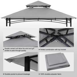 COOSHADE Grill Gazebo Replacement Canopy Roof Outdoor Double Tiered Barbecue Gazebo Top Cover Fit for Model L-GG001PST-F (Grey)