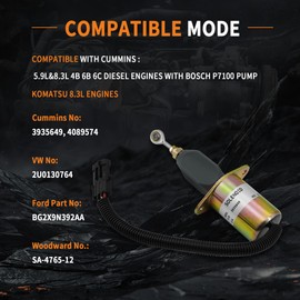 GLOCRORET 12V Fuel Shut Off Solenoid Valve 3935649 fit for Cummins 5.9L 8.3L Engines 4B 6B 6C Diesel Engine, Replace SA-4764-12