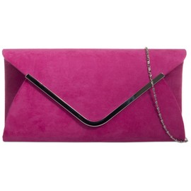 Pink Envelope Clutch Bag, Cerise Faux Suede Evening Bag with Silver Tone Metal Trim, Ladies Purple Possum Fuchsia Shoulder Bag, Prom Wedding Handbag