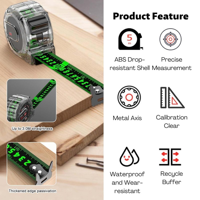 2 Pack 10M/32.8ft Tape Measure, Width 25mm Fluorescent Transparent Steel