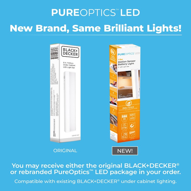 PureOptics LED Battery Operated Under Cabinet Lighting, Motion Sensor On/Off,