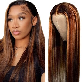 AiPliantfis Straight Human Hair Wig Brown Echthaar Perücke Damen 4X1 Lace Glueless Wig Wear and Go P430 Highlight Pre Plucked 150% Density Unprocessed Brazilian Remy Hair 32 Zoll
