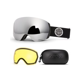 COPOZZ H2 Ski Goggles, Hyperbolic OTG Snow Goggles, Reduce Visual Distortion, UV 400, Snowboard Goggles for Adult Men Women (H2 Set-black Frame Silver Lens(vlt 8.8%))