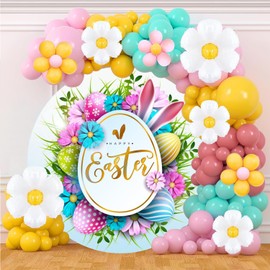 Renaiss 7x7ft Happy Easter Round Backdrop Cover Colorful Eggs Spring Easter Circle Photography Background Rabbit Ears Daisy Flowers Easter Party Church Events Decors Easter Arch Photo Booth Props