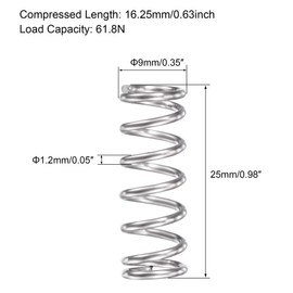 sourcing map Compression Spring,304 Stainless Steel,9mm OD,1.2mm Wire Size,9mm Compressed Length,25mm Free Length,61.8N Load Capacity, Silver Tone,10pcs
