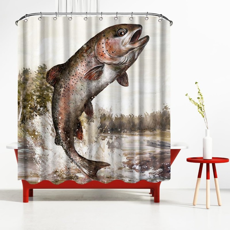 OuElegent Fish Shower Curtain Trout Fish Jumping Bathroom Curtain Lake