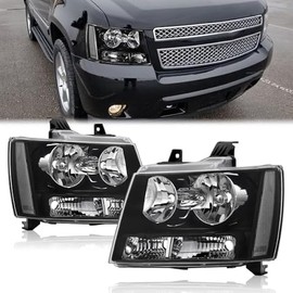 Headlights Assembly for 2007-2014 Chevy Tahoe Suburban 1500,07-13 Avalanche Suburban 2500 Replacement Headlamp Driver Passenger Side, Black Housing Clear Reflector