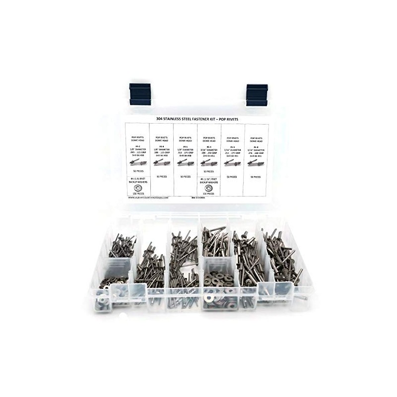 Stainless Steel Domed Pop Rivet Fastener Assortment Kit with Backing