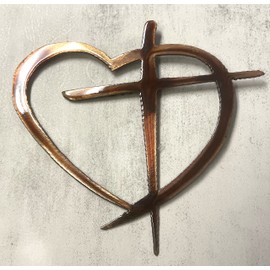 Heart with Cross Metal Wall Art Accent choose from 6 sizes and 2 color choices (Mini 6 1/2" x 6", Copper Bronzed Plated)