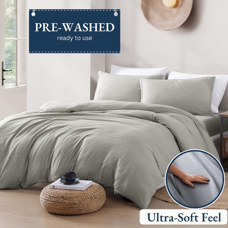 LANE LINEN Single Duvet Cover Set Silver - Pre Washed