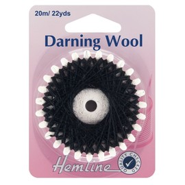 Hemline Darning Wool 20m – Black, Durable Yarn for Sock and Pullovers Repairs. Needle Work and Clothing Maintenance 30% Natural Wool, 70% Polyester Acrylic Washable