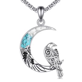 HKPATOP Raven Necklace 925 Sterling Silver Viking Celtic Crow Raven Pendant Crescent Moon Pentagram Amulet Wiccan Jewelry Gifts for Women Men