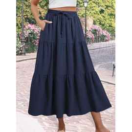 Adigaber Women's Skirt Long Elastic High Waist Maxi Midi Skirt Swiss Dot Casual Boho Skirts with Pockets and Drawstring, navy, M