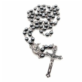 Nazareth Store unisex-adult Hematite Rosary Black Stone Beads Necklace with Jerusalem Holy Soil & Cross Antique Religious Rosaries Beads Collection (Silver Color Chain)