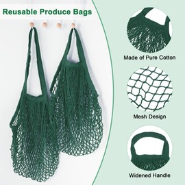 M METERXITY 2-Pack Cotton Mesh Bag, Reusable Washable Mesh Net String Grocery Bags, Reusable Produce Bags with Handle, Net Tote Bag for Fruits Shopping [Dark Green, Long&Short Handle]