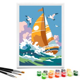 Nariolar Paint by Numbers for Kids Ages 4-8 with 7X9.5 inch Pre-Printed Cardboard,12 Acrylic Paint Pots and 3 Painting Brushes, Craft Gift Room Decor for Children,(Sailboats)
