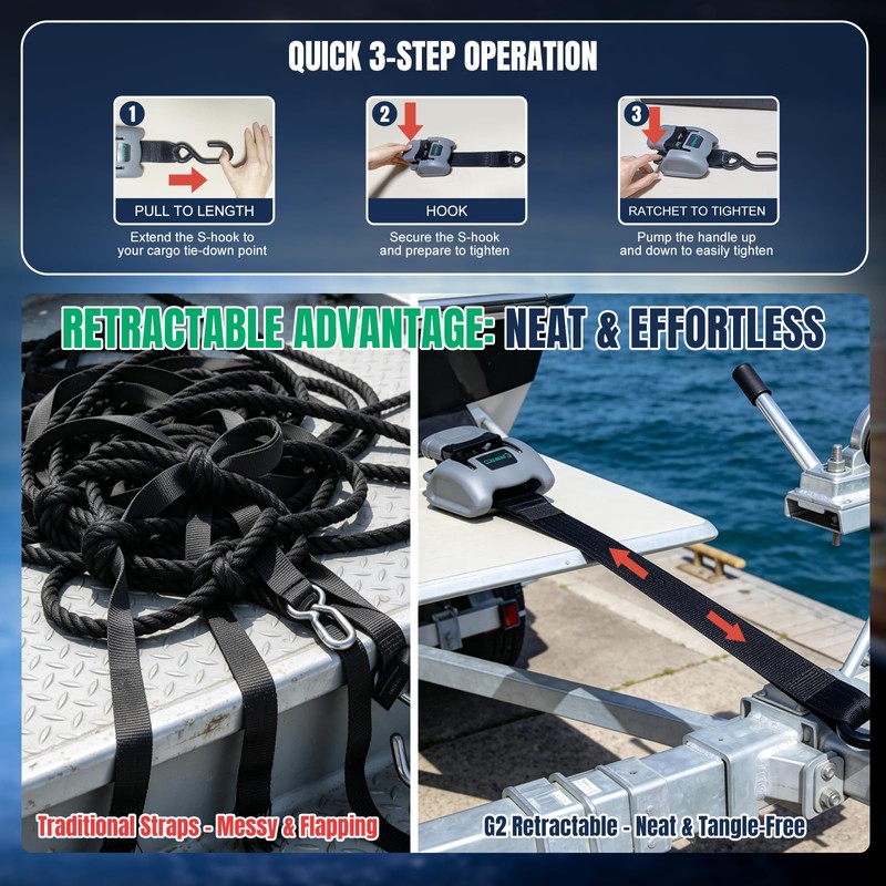 Stainless Steel Retractable Boat Transom Tie Down Straps - 2