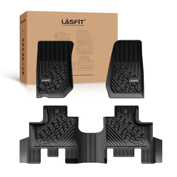 LASFIT Floor Mats Fit for 2013-2018 Jeep Wrangler JK Unlimited 4 Door Only (Not Fit for JL or 4xe), TPE All Weather Car Liners，Custom Fit 1st & 2nd Row Floor Liners, Black