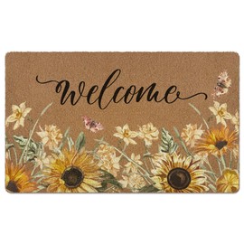 Qskjre Sunflower Welcome Door Mat, Summer Sunflowers Floral Front Faux Coir Doormat for Indoor Outdoor Entrance Kitchen, Farmhouse Flower Butterfly Decorative Door Mats Small Rug 17X29 Inch
