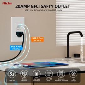 AIDA GFCI Outlet with USB Ports (Type-A & C) | 20 Amp Tamper-Resistant USB Charging Outlet | 24W Max Output, Self-Test LED Indicator, UL Listed w/Screwless Wall Plate, Matte White (2 Pack)
