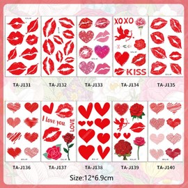 10-Pack Valentine's Day Lip Prints & Heart Temporary Tattoos Adult, Waterproof Easy-to-remove Tattoo Stickers for Party Wedding, Fake Tattoos (10 Pcs Kit)