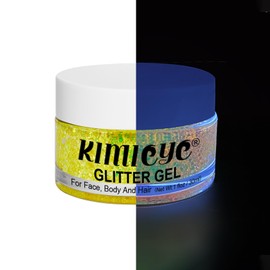 Holographic Glitter Gel, Glow in The UV Light Glitter Gel Makeup for Body, Face, Hair, Long Lasting Waterproof Sparkling Gel for Concerts Music Festival Rave Accessories, 1oz (Lemon UV #12)