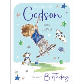 Jonny Javelin Special Godson Birthday Card - Happy Birthday Card with Rope Swing and Dogs Design and Flitter Details - Birthday Card for Boys