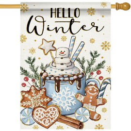 Covido Hello Winter Hot Cocoa Decorative House Flag, Snowman Gingerbread Candy Red Berry Garden Yard Outside Decorations, Christmas Snowflakes Burlap Outdoor Large Home Decor Double Sided 28 x 40