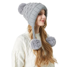 KEOYA Women's Fleece Lined Hat Windproof Full Hood Ear Flap Hats Thermal Warm Ski Beanie One-Piece Slouchy Cap with Drawstring Grey M