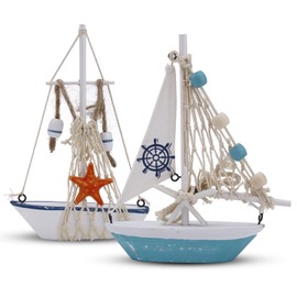 2 PCS Wooden Sailboat Decor, Mini Handcrafted Coastal Decor for Home, Miniature Sailing Boat Ornaments, Rustic Beach Bathroom Accessories for Bedroom (Blue)